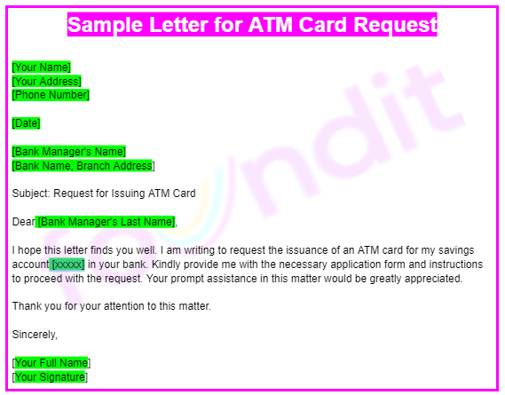 Sample Letter to bank manager for issuing ATM Card