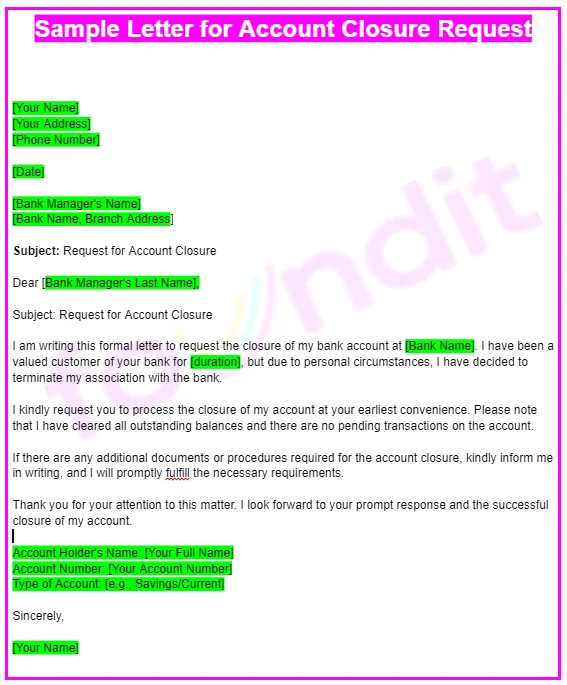 Sample letter for Account Closure request