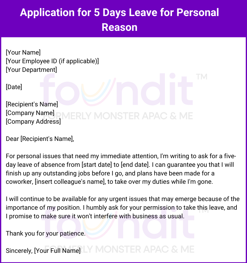 5 days leave application example for personal reason