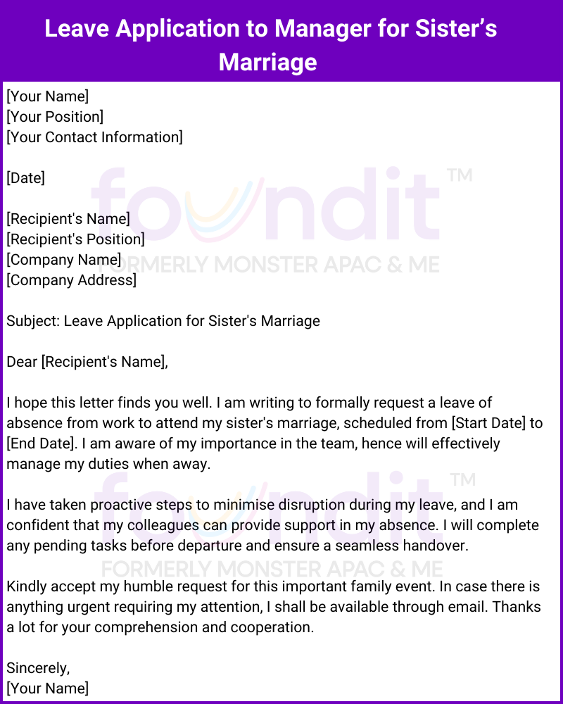 Example of Leave Application to Manager for Sister's Marriage