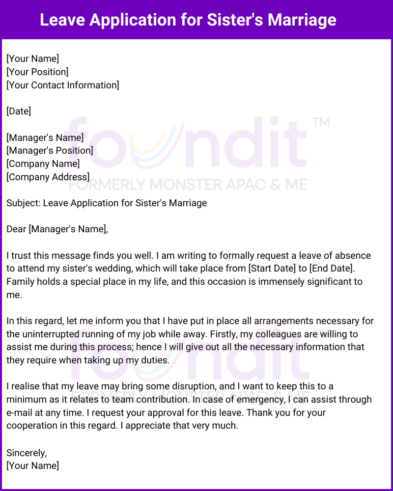 Example of a leave application for sister marriage