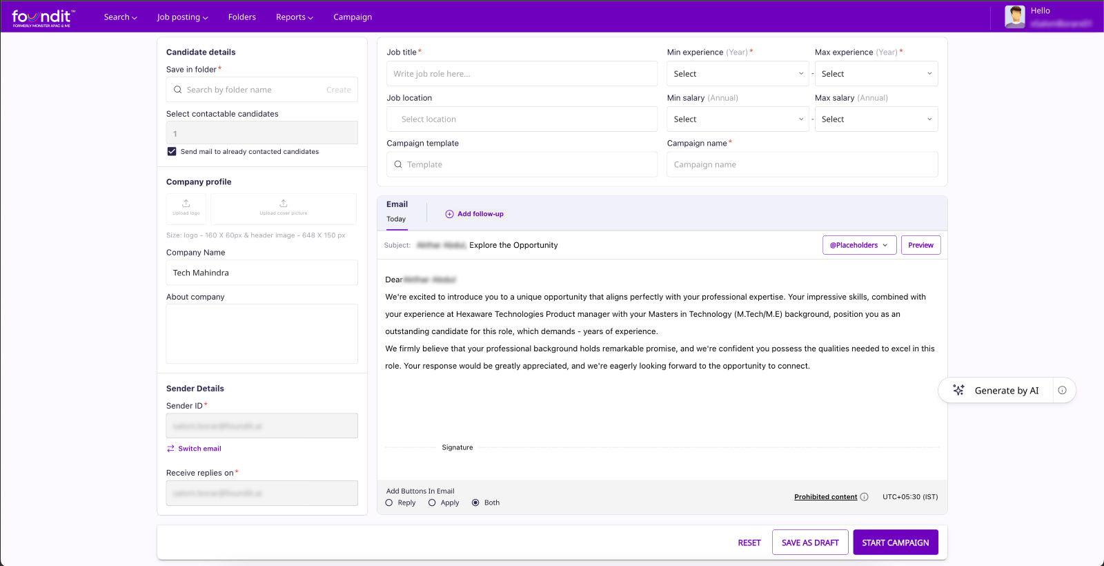 foundit portal screenshot featuring  outreach feature for recruiters , showing custom fields for campgain set up for candidates