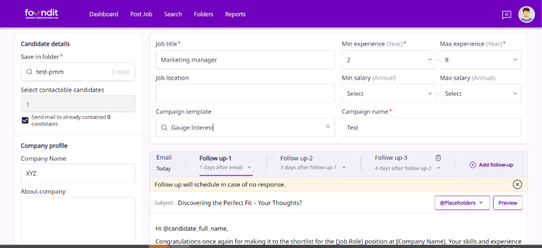 foundit portal screenshot featuring  outreach feature for recruiters , showing custom fields for candidate information