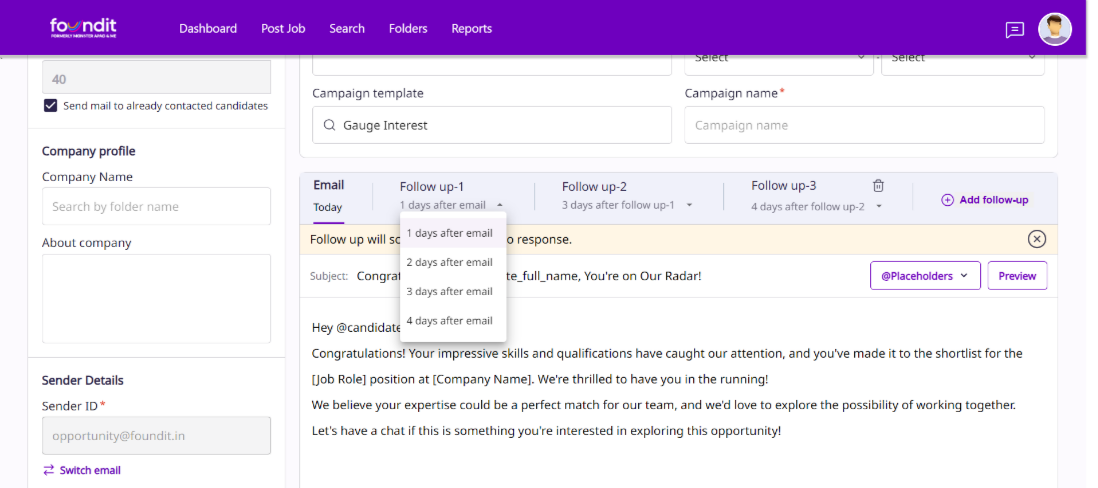 foundit portal screenshot featuring  outreach feature for recruiters , showing custom fields for follow up emails