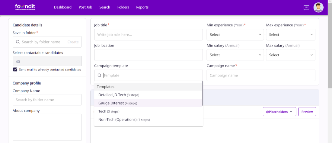 foundit portal screenshot featuring  outreach feature for recruiters , showing custom fields for candidate details and campaign scheduling