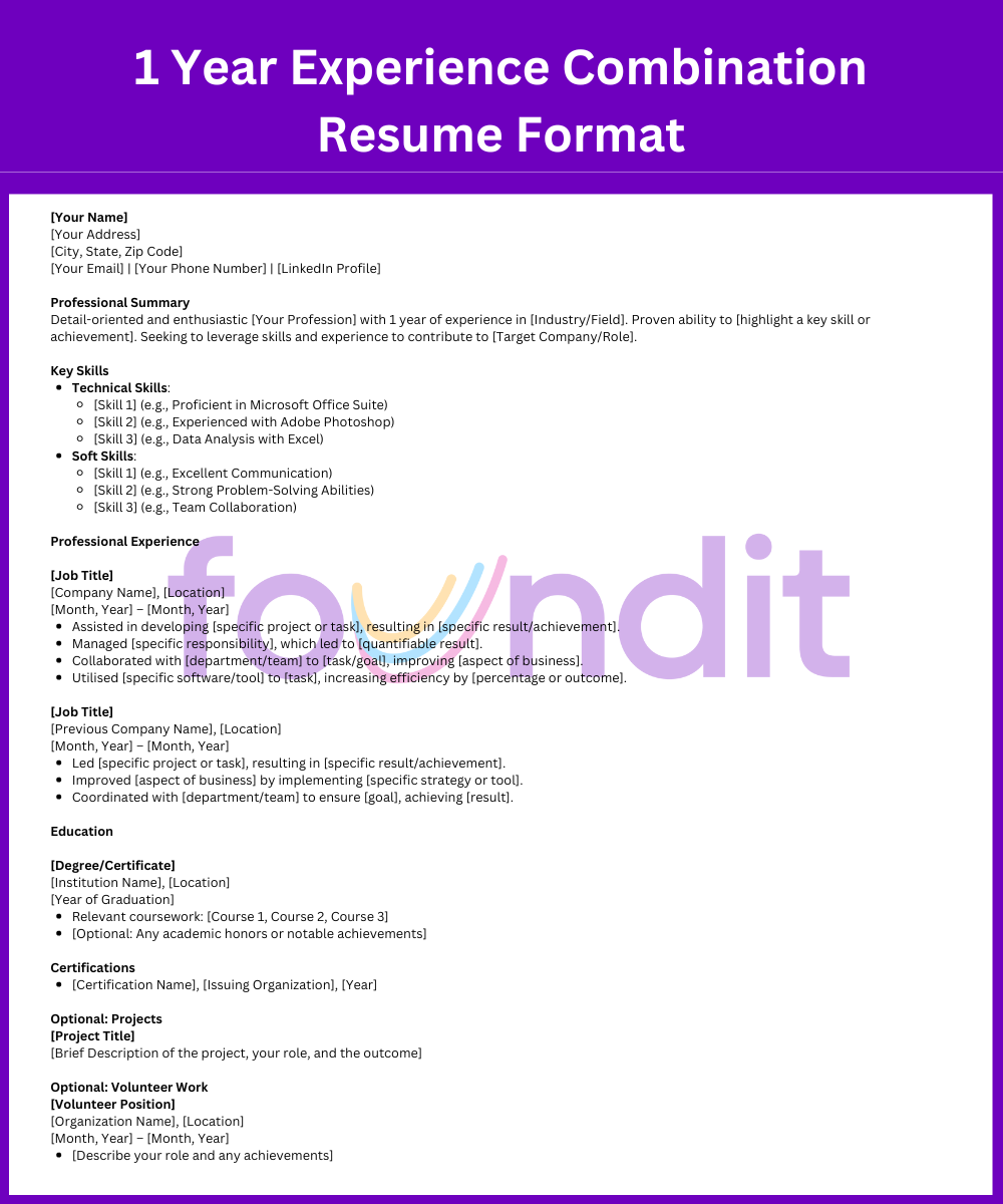 Combination resume format for one year experience candidate