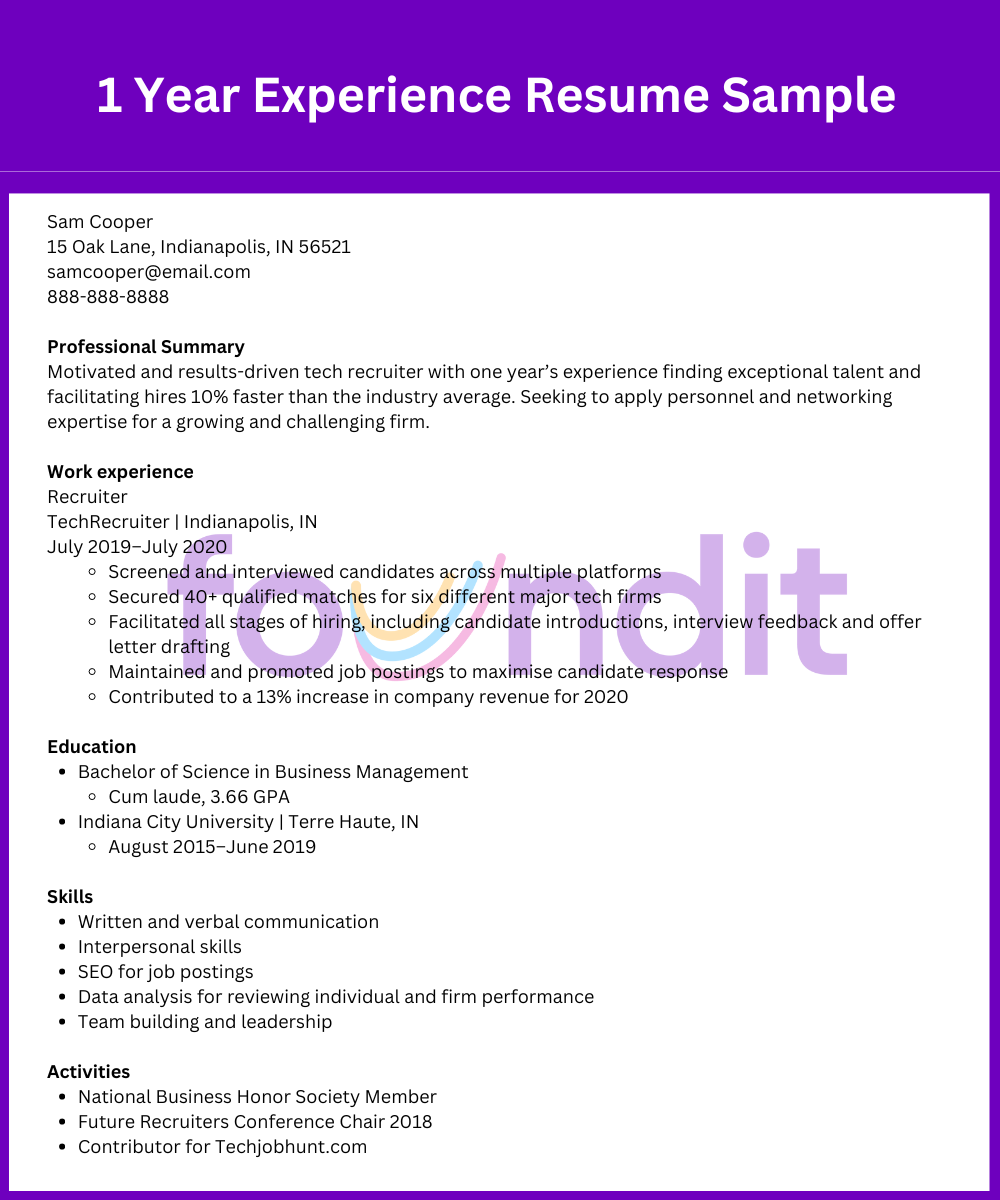 1 Year Experience Resume Sample