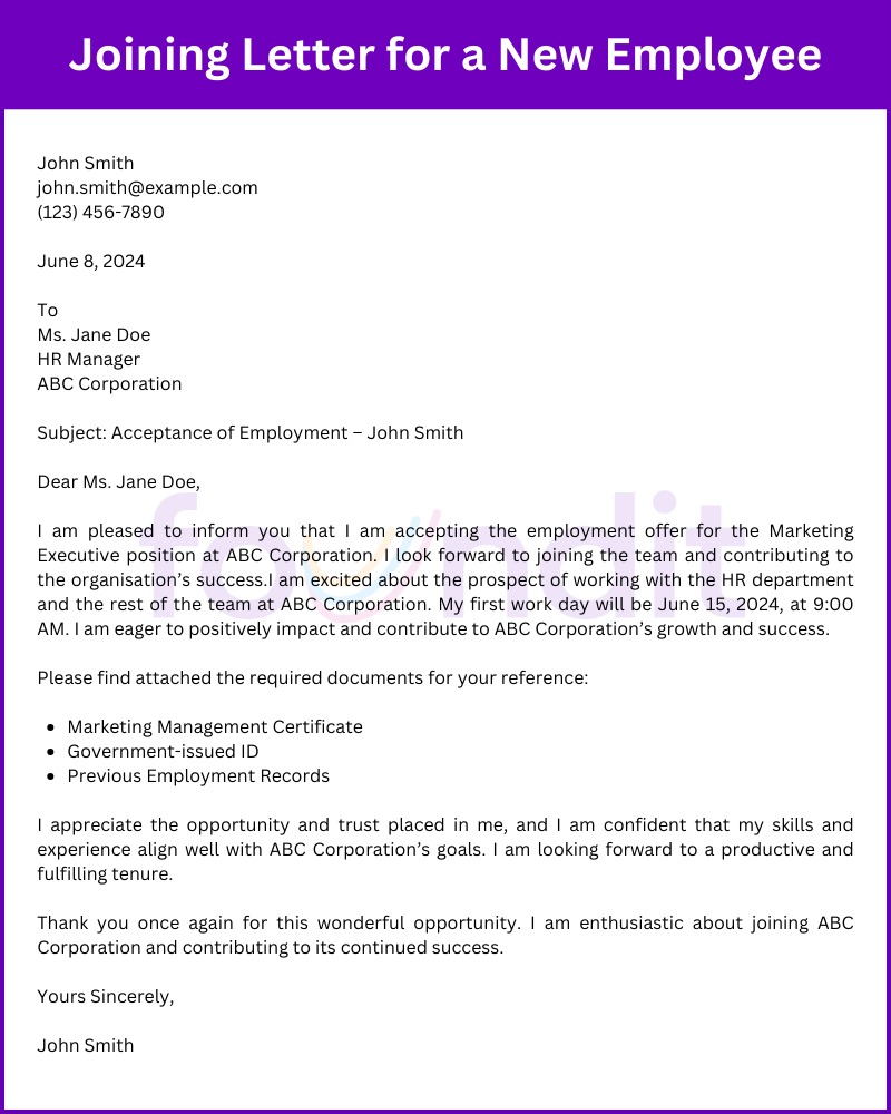 The joining letter format for new employee includes candidates name, the date, the position joining for, and the joining date. Also includes a line thanking the employer for the opportunity.