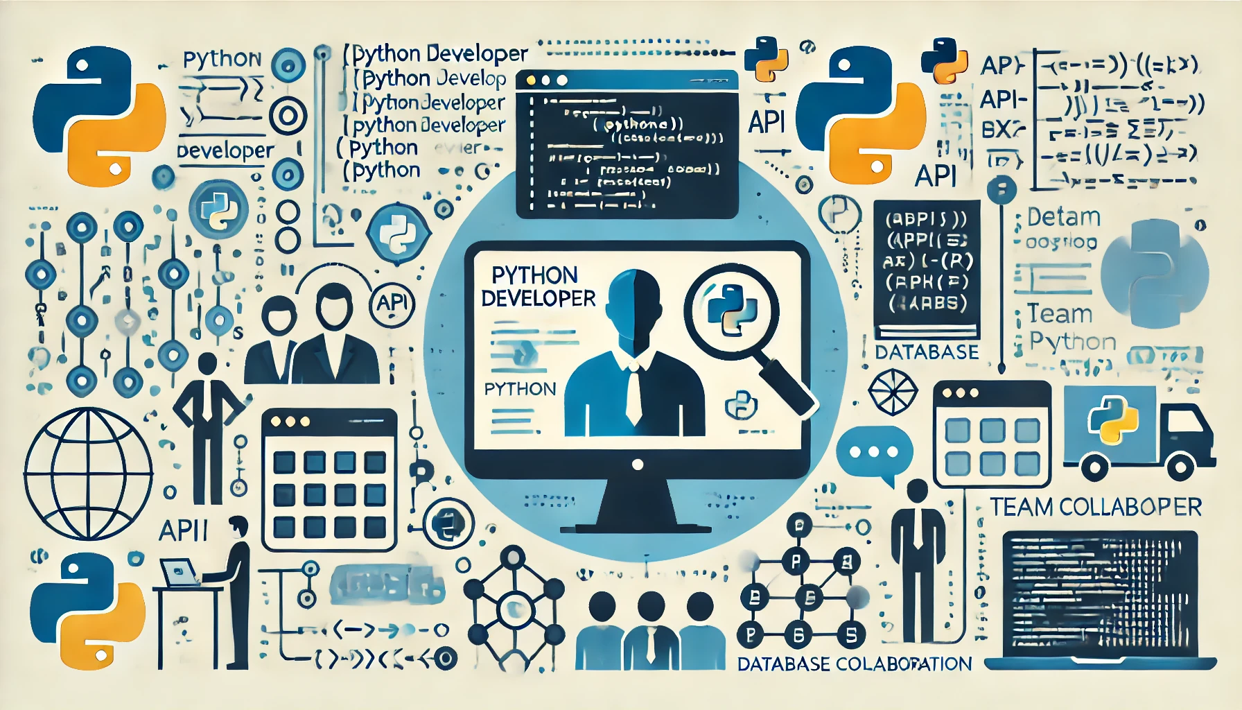 vector image displaying computer screen with python codes and responsibilties