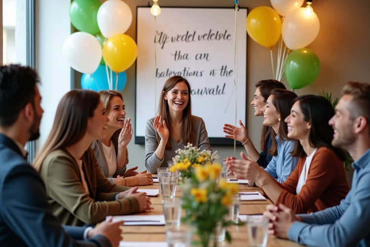 A lively office farewell party with colleagues sharing heartfelt goodbyes, colorful balloons, and motivational messages on a board. Bright, cheerful atmosphere, warm smiles, and supportive gestures