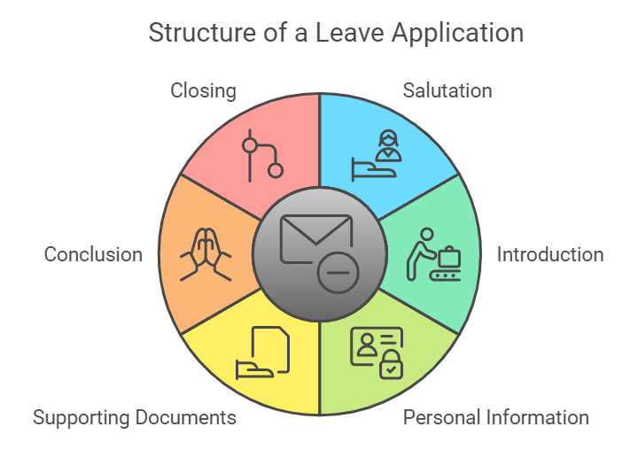 A piechart type infographic with multi-colors depictingkey elements of  strucutre of a leave application for two days