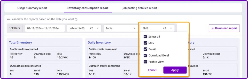 job portal foundit's recruitment inventory usage report screenshot