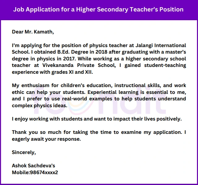 Sample Job Application for Teacher of an Extracurricular Subject