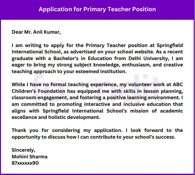 Sample of Job Application for Primary Teacher Position