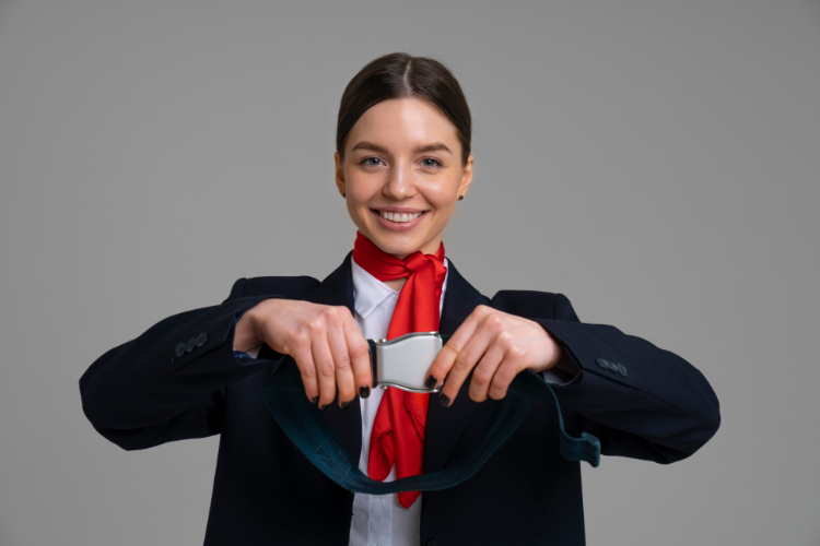 Portrait of a smiling female flight attendant with safety belt