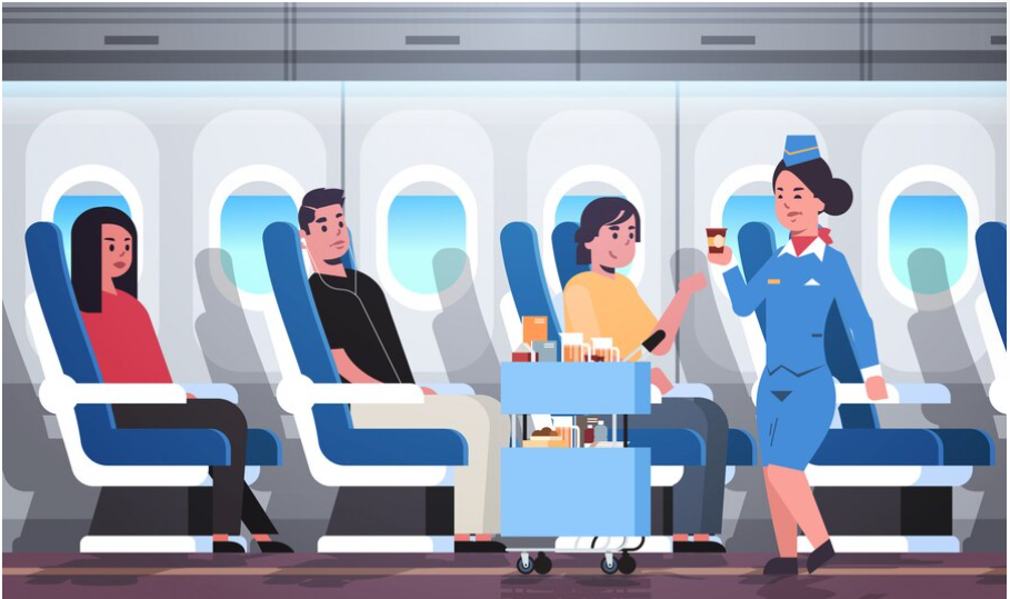 vector image of afemale flight attendant serving drinks to passengers stewardess in uniform pushing trolley cart