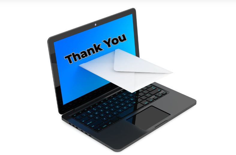 Thank you E-mail after interview concept. Modern Laptop and envelope on a white background