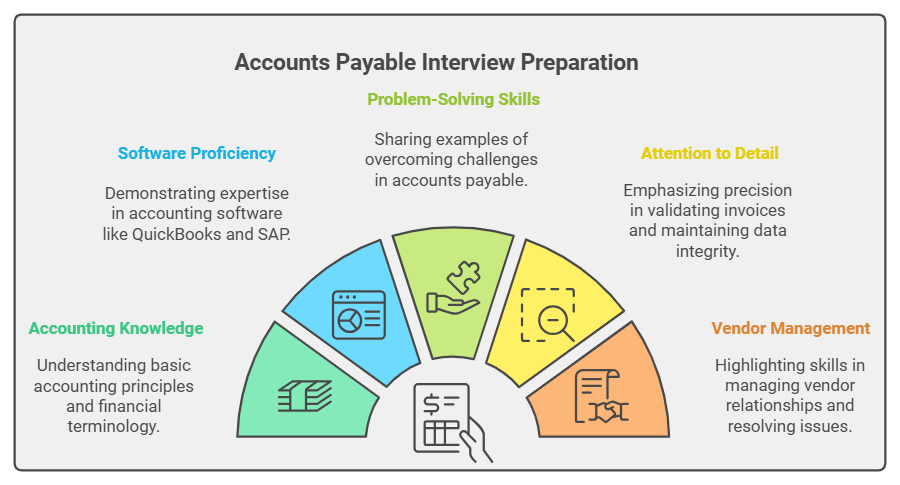 An infographic in the form of half circle with five elements depicting how to Prepare for an Accounts Payable Interview