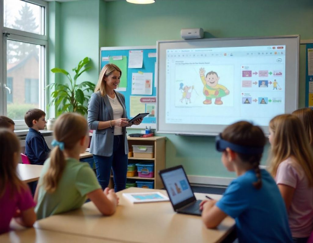 A modern primary school classroom where a teacher is demonstrating the use of innovative teaching tools during an interview. The teacher is standing by an interactive whiteboard displaying an educational diagram, while showcasing a tablet or laptop to two interviewers seated nearby. Students in the background are actively engaged in learning with digital tools like tablets and virtual reality headsets. The classroom is equipped with state-of-the-art technology, including a projector and colorful, tech-integrated learning stations. The atmosphere is professional yet vibrant, reflecting innovation and adaptability in education.