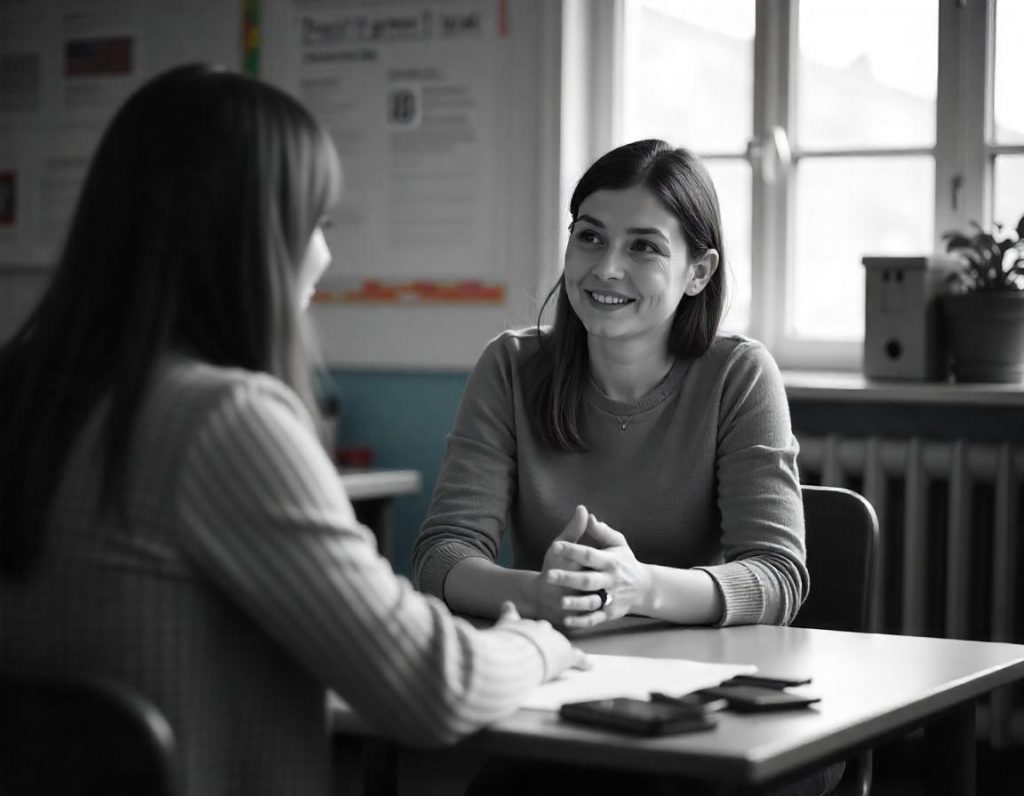 A serene primary school classroom where a teacher is thoughtfully explaining their teaching philosophy during an interview. The teacher is seated with two interviewers at a small, well-organized table, gesturing gently to emphasize their student-centered approach. 