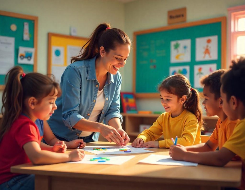 An engaging and visually appealing illustration featuring a primary school teacher in a classroom setting, interacting enthusiastically with diverse young students. The teacher is conducting an activity where students are working in groups, using colorful hands-on materials .