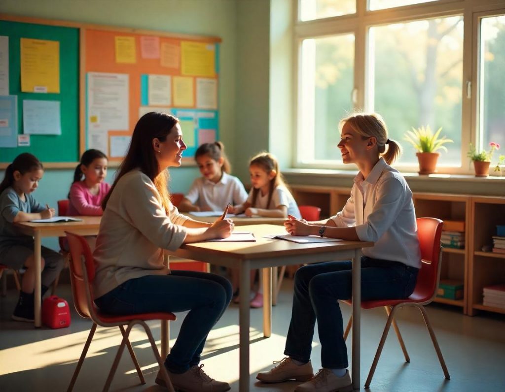 A warm and vibrant primary school classroom set up for an interview scenario. A teacher sits calmly at a small table, engaging with two interviewers while young students are seen in the background working or interacting harmoniously. The teacher exudes confidence and empathy, reflecting on classroom management and conflict resolution strategies. The classroom is colorful, with posters, educational charts, and bookshelves, creating a welcoming and inclusive environment. Sunlight streams through a large window, highlighting the teacher's professional yet approachable demeanor. The scene balances the focus on the interview with the lively, inspiring atmosphere of a primary school