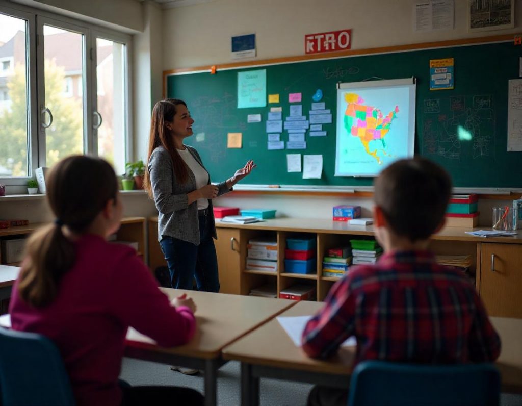 A primary school classroom with a teacher presenting a subject-specific lesson to two interviewers. The teacher is standing near a blackboard or whiteboard, explaining a math or science concept using colorful visual aids like charts, diagrams, or models. The classroom is organized with subject-specific learning materials, such as books, math manipulatives, or science kits displayed on desks. The interviewers are seated attentively, observing the teacher's approach to pedagogy. 