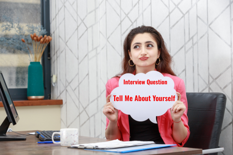  High quality photo of a thoughtful young girl holding idea bubble mentioning Interview Question Tell Me about Yourself