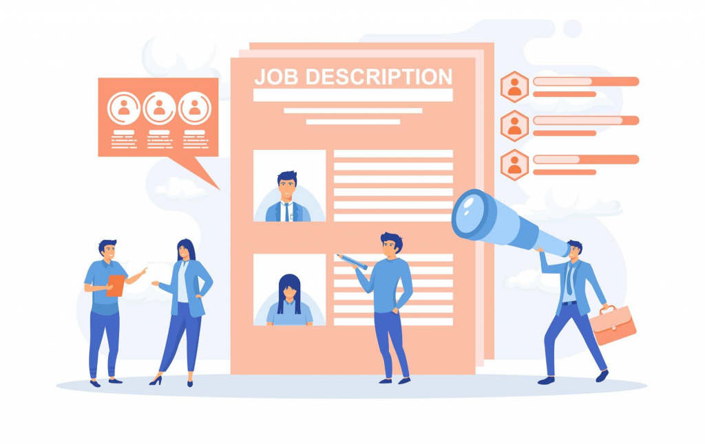 Work Descriptions Concept Characters Reading Personnel Resume Applicants, vector image